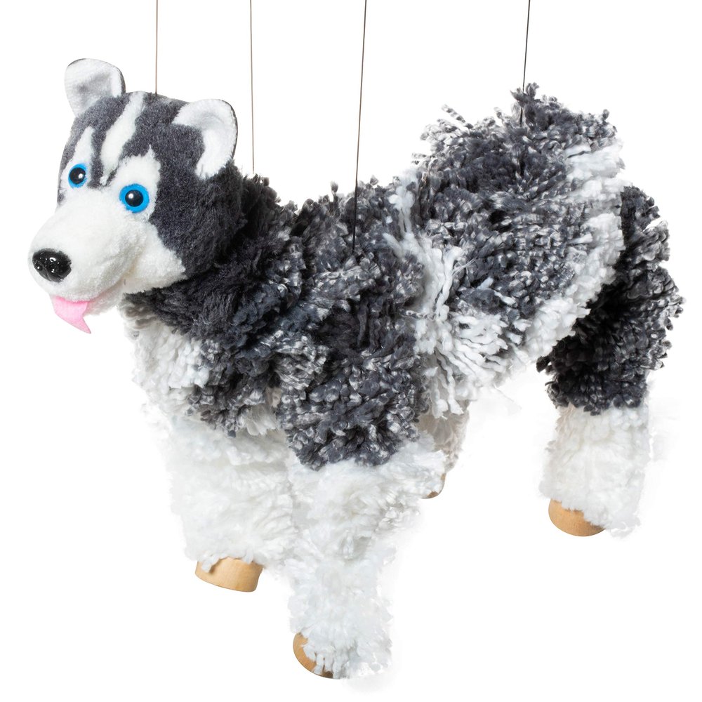 Artisan Owl Siberian Husky Marionette Puppet - Yarn Dog with Wooden Feet, Detachable Strings (Black)