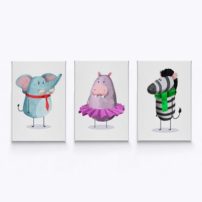 HB Art Design Elephant Hippo Zebra Animals Wall Art Nursery Decor 3 PANEL CANVAS PRINT SET Baby Girl and Baby Boy Room Kids Room Nursery Room Decor Ready to Hang-%100 Handmade in the USA-(40x30) x3