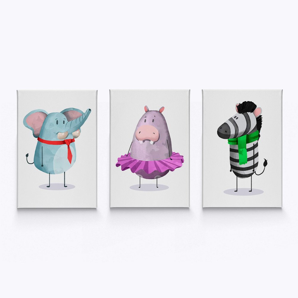 HB Art Design Elephant Hippo Zebra Animals Wall Art Nursery Decor 3 PANEL CANVAS PRINT SET Baby Girl and Baby Boy Room Kids Room Nursery Room Decor Ready to Hang-%100 Handmade in the USA-(40x30) x3