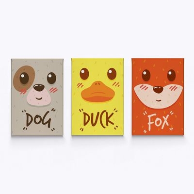 HB Art Design Dog Duck Fox Face Animal Wall Art Nursery Decor 3 PANEL CANVAS PRINT SET Baby Girl and Baby Boy Room Kids Room Nursery Room Decor Ready to Hang-%100 Handmade in the USA-(40x30) x3