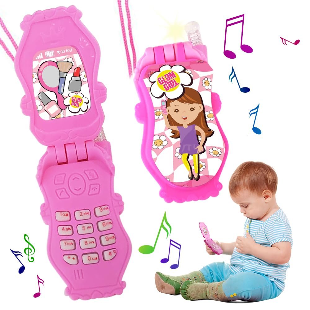 ArtCreativity Pretend Play Flip Cell Phones for Kids, Toddlers - 6 Pack, Cellphone Toy with Songs, Ringtones, Funny Messages and LEDs, Birthday Party Favors and Gifts for Girls - Pink and White