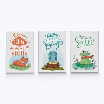 HB Art Design Fox Owl Frog Motivational Wall Art Nursery Decor 3 PANEL CANVAS PRINT SET Baby Girl and Baby Boy Room Kids Room Nursery Room Decor Ready to Hang-%100 Handmade in the USA-(40x30) x3