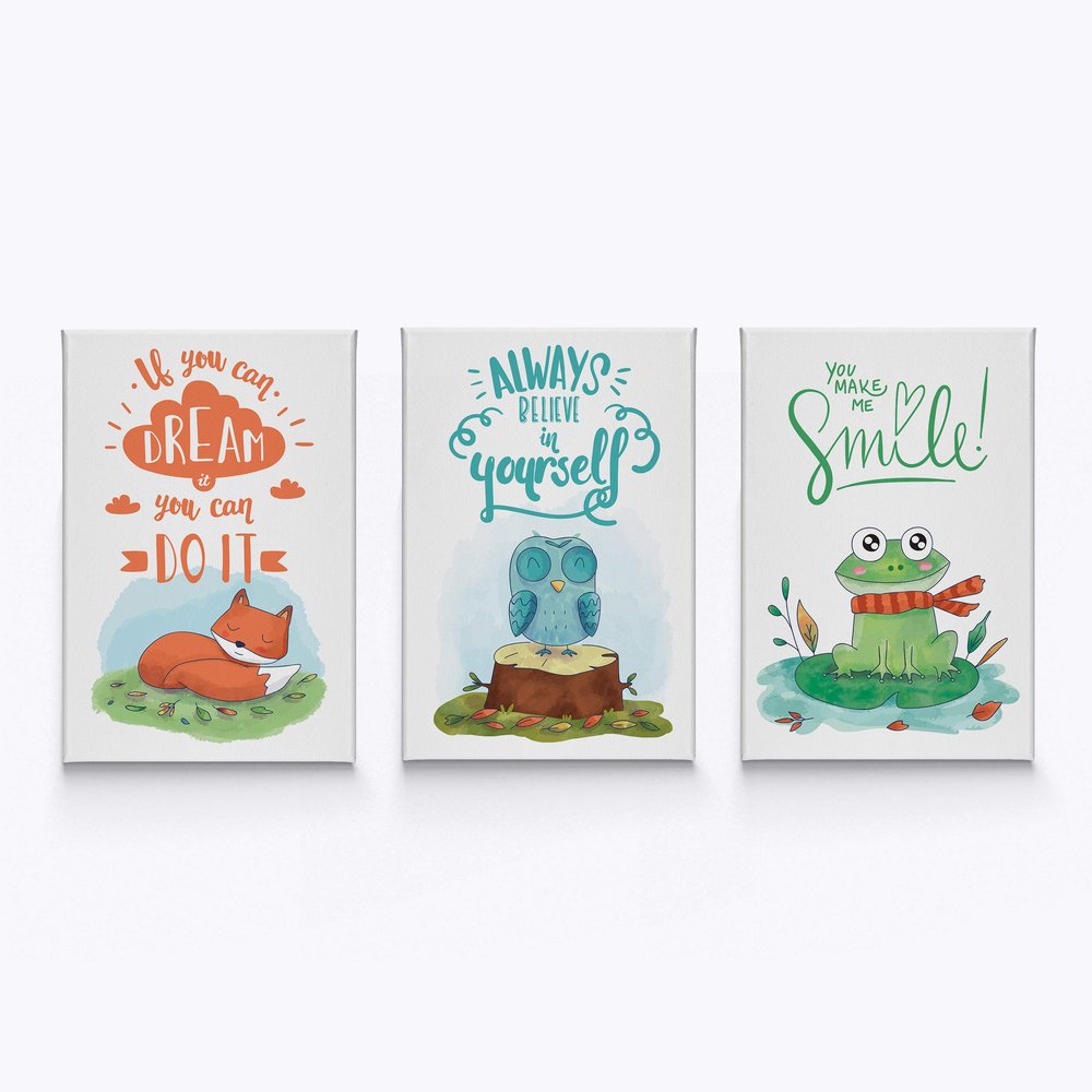 HB Art Design Fox Owl Frog Motivational Wall Art Nursery Decor 3 PANEL CANVAS PRINT SET Baby Girl and Baby Boy Room Kids Room Nursery Room Decor Ready to Hang-%100 Handmade in the USA-(40x30) x3
