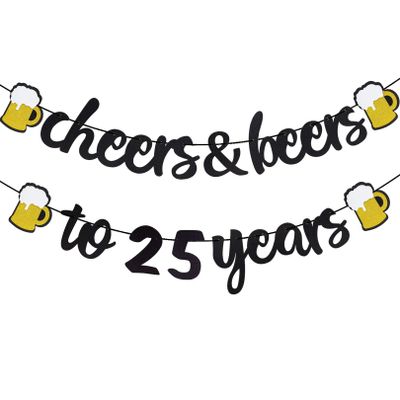 25th Birthday Decorations for Men Women - Cheers to 25 Years Banner Pre-Strung 25th Beer Happy Birthday Party Decorations (Black Gold)