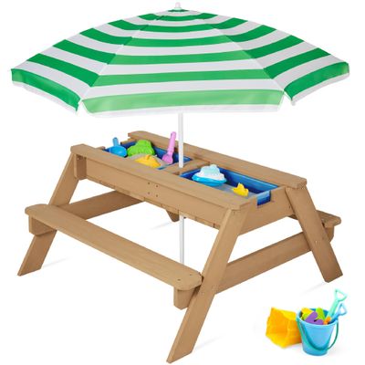 Best Choice Products Kids 3-in-1 Sand & Water Table, Wood Outdoor Convertible Picnic Table w/Umbrella, 2 Trays, Removable Top, 220lb Capacity Per Bench -Green