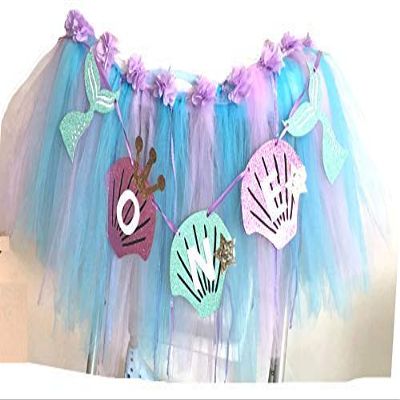 2 in 1 Mermaid 1st Birthday Party Supplies High Chair Tutu Tulle Decoration for Baby Purple Blue Shell "ONE" Pennant Under The Sea Mermaid Happy Birthday Favors for Highchair