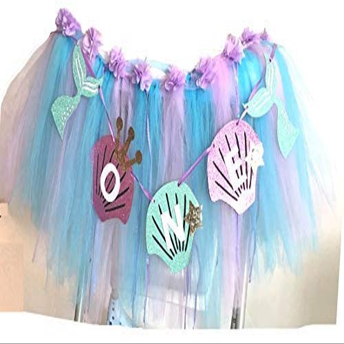2 in 1 Mermaid 1st Birthday Party Supplies High Chair Tutu Tulle Decoration for Baby Purple Blue Shell "ONE" Pennant Under The Sea Mermaid Happy Birthday Favors for Highchair
