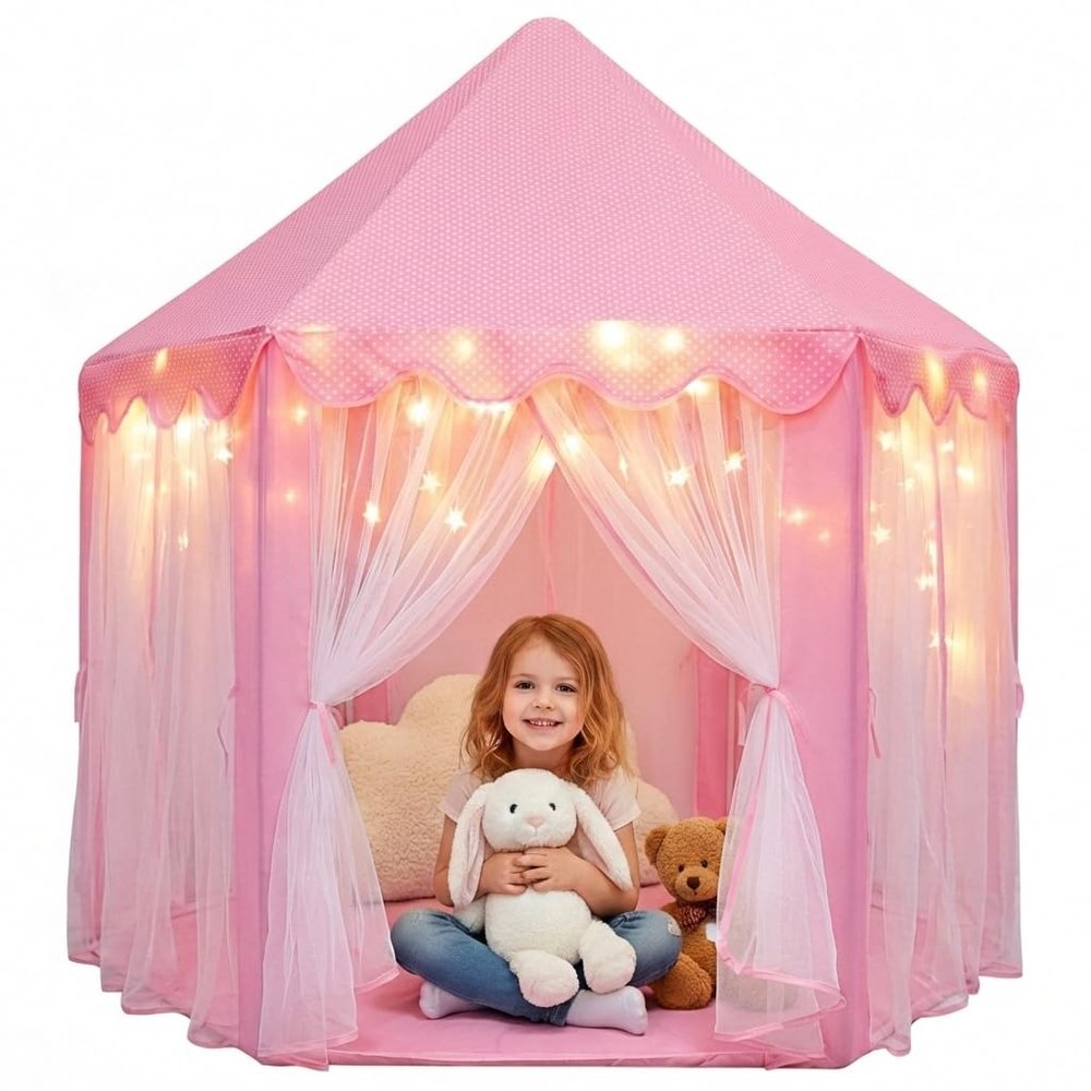 Orian Princess Tent for Kids, Toddler & Kids Pink Play Tent Indoor & Outdoor Princess Castle Fort for Girls and Toddlers Ages 2-7, 55x53, LED Star Lights, Childrens Toys and Gifts for Girls