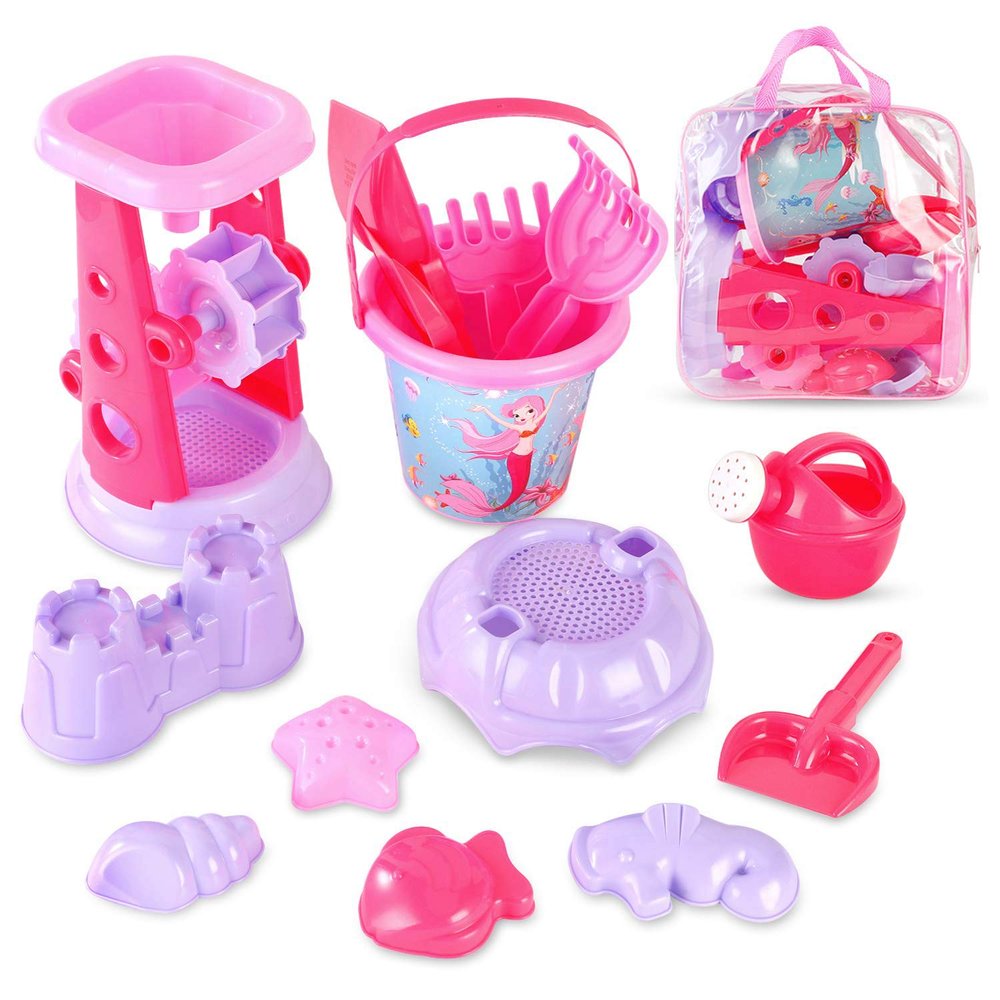 13-Piece Pink Princess Beach Sand Toy Set for Girls  Sand Playset with Sand Wheel, Mermaid Bucket, Water Pot, Shovels, Rakes, Molds & Zippered Storage Bag for Beach, Sandbox & Outdoor Play