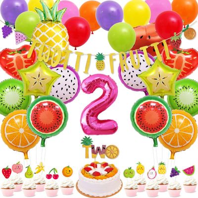 71 Packs Tutti Frutti Party Decorations Set Twotti Frutti Glitter Banner/Cake Topper Fruit Cupcake Toppers Mylar Balloons for Twotti Fruity Second Birthday Party