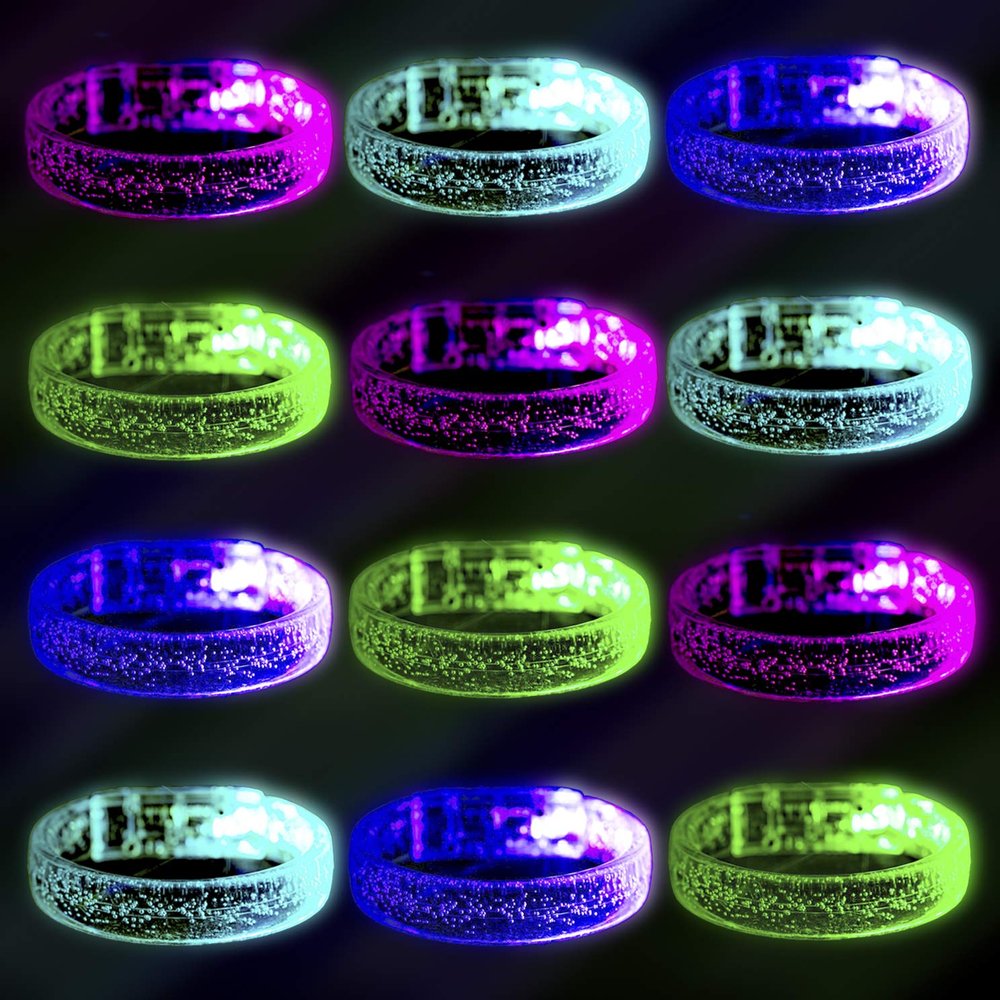DAOKEY Flashing LED Light up Bracelets, Colorful Blinking Glow Wristbands Party Favors Toys Supplies for Birthday, Parties, Carnivals, Clear Case 12 Pack