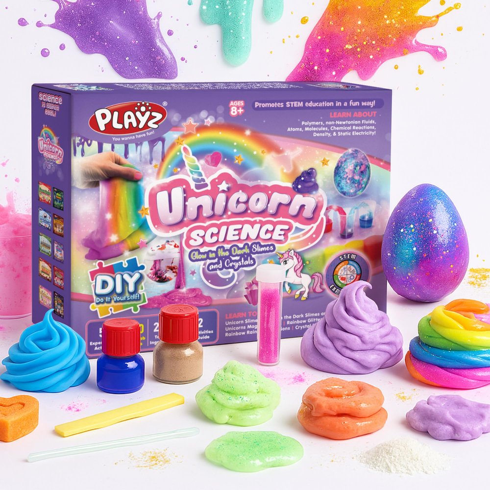 Playz Unicorn Slime & Crystals 100+ Science Experiments Kit Gift for Girls & Boys to Make Glow in The Dark Unicorn Poop, Snot, Fluffy Slime, Crystals, Putty, Arts & Crafts for Kids Age 8-12
