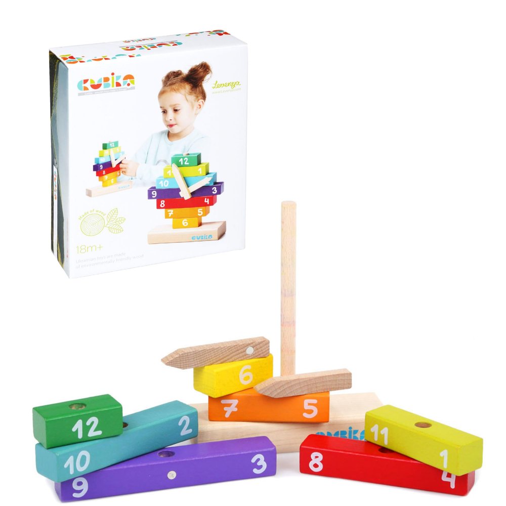 CUBIKA Wooden Clock Construction Kit  Montessori Stacking Toy for Toddlers Ages 3+  Made from Natural Wood with Water-Based Paints  Travel-Friendly Educational Gift for Boys & Girls