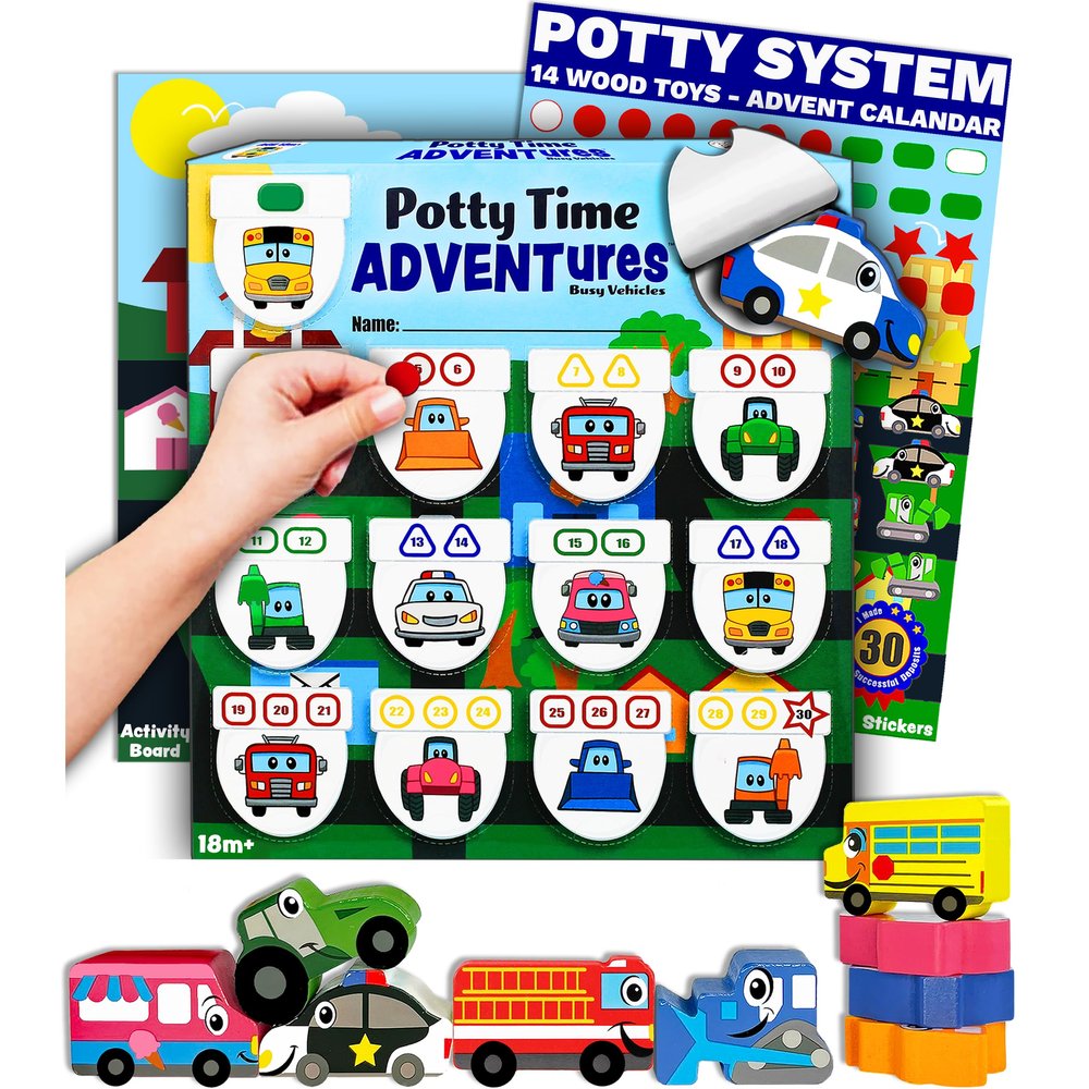 14PC Wood Stacking Blocks Car Trucks Advent Calendar, Montessori Toys for Toddlers, Fine Motor Skill Development, Potty Training System Behavior Reward Chart, LIL ADVENTS Potty Time Adventures + eBook