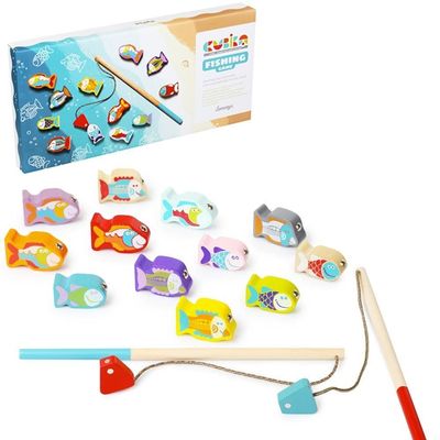 CUBIKA Wooden Fishing Game Magnetic Fishing Toy for Kids Ages 2+ Montessori Fine Motor Skill Game with 2 Rods FSC-Certified Wood, German Water-Based Paints