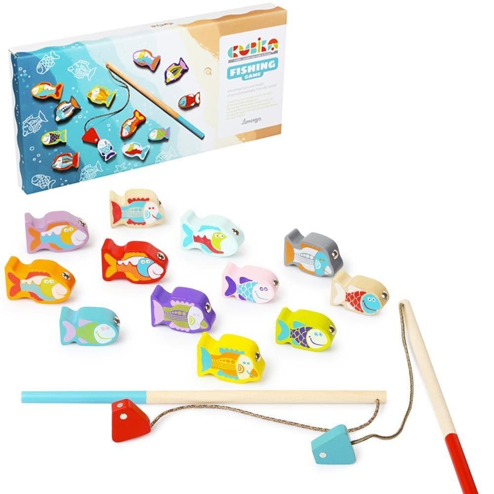 CUBIKA Wooden Fishing Game  Magnetic Fishing Toy for Kids Ages 2+  Montessori Fine Motor Skill Game with 2 Rods  FSC-Certified Wood, German Water-Based Paints
