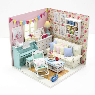 1:18 Scale Cool Beans Boutique Miniature Dollhouse DIY Kit - Family Room with Blue Piano and Dust Cover (English Manual)