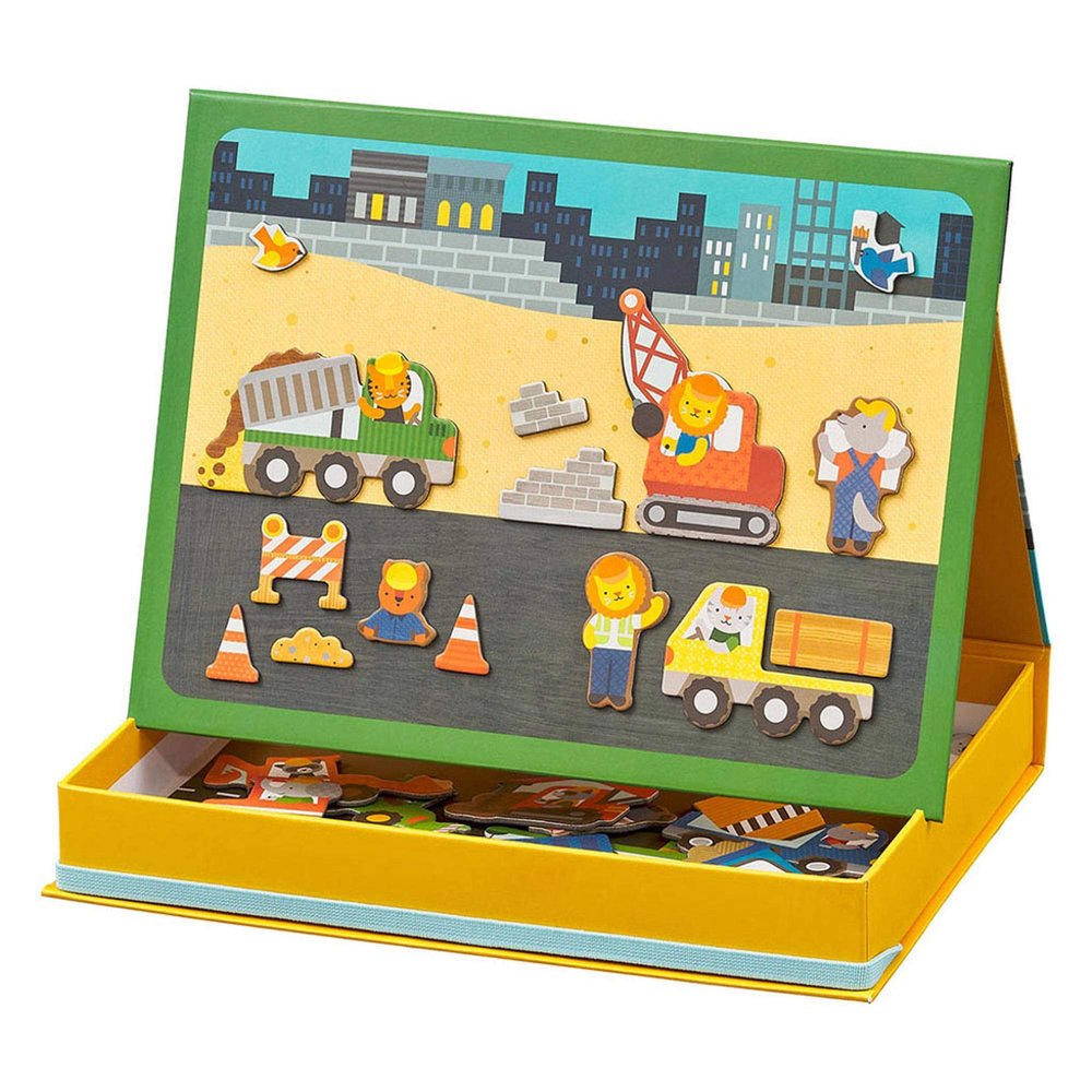 Petit Collage Magnetic Play Scene, Construction Site Magnetic Game Board with Mix and Match Magnetic Animal Friends, Ideal for Ages 3+ Includes 2 Scenes and 40 Magnet Pieces