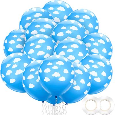 100 Pieces 12 Inch Blue and White Cloud Balloons with 2 Rolls Plastic Ribbons Mid Blue with Clouds Matte Latex Balloons for Boys Girls Birthday Party Baby Shower Party Decorations Supplies
