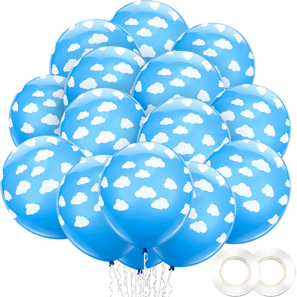 100 Pieces 12 Inch Blue and White Cloud Balloons with 2 Rolls Plastic Ribbons Mid Blue with Clouds Matte Latex Balloons for Boys Girls Birthday Party Baby Shower Party Decorations Supplies