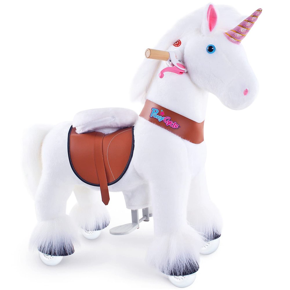 PonyCycle Unicorn Ride on Toy Riding Unicorn with Brake (30" Height/Size 3 for Age 3-4) White Ride on Unicorn Giddy up Ride Horse Pony Music Sounds Birthday Gifts Plush Animal Rideable Horse Ux304