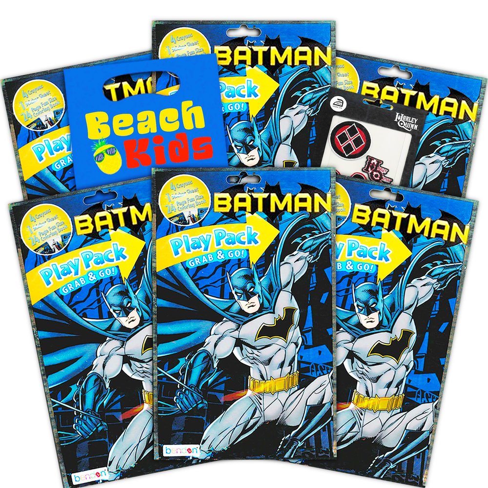 DC Comics Batman Party Favors Pack ~ Bundle of 6 Batman Play Packs Filled with Stickers, Coloring Books, Crayons with Harley Quinn Patches, Superhero Stamp, and Door Hanger (Batman Party Supplies)