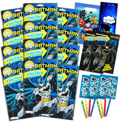 DC Comics Batman Party Favors Pack ~ Bundle of 12 Batman Play Packs Filled with Stickers, Coloring Books, Crayons with Bonus Loot Bags, Harley Quinn Patches, and Door Hanger (Batman Party Supplies)