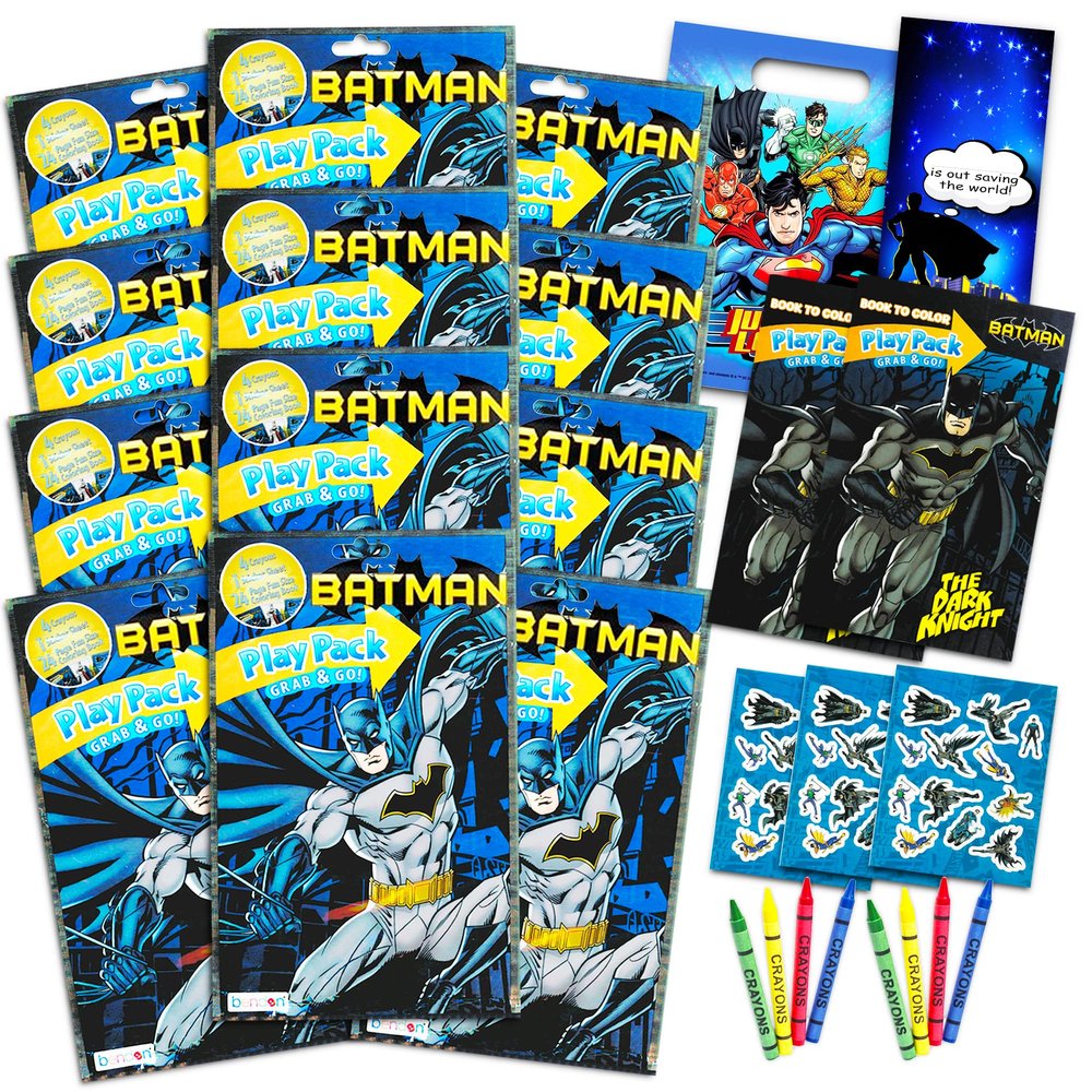 DC Comics Batman Party Favors Pack ~ Bundle of 12 Batman Play Packs Filled with Stickers, Coloring Books, Crayons with Bonus Loot Bags, Harley Quinn Patches, and Door Hanger (Batman Party Supplies)