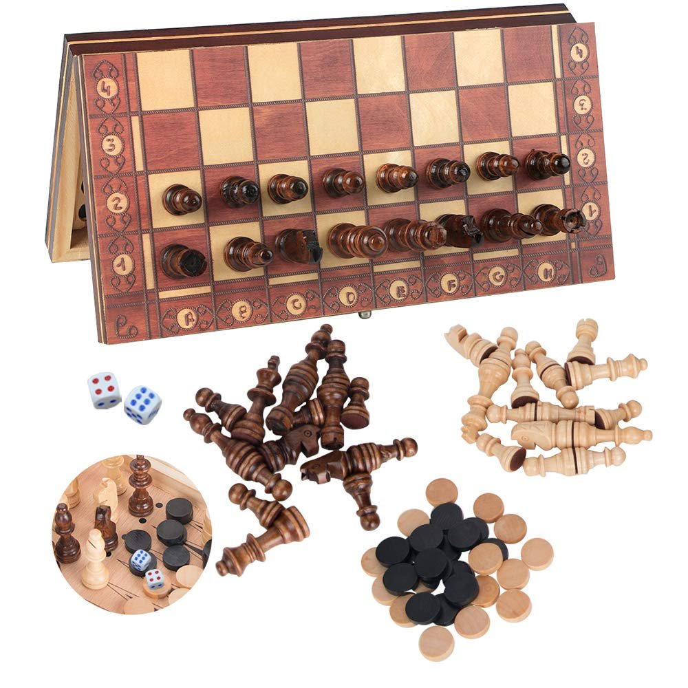 Luoyer 3-in-1 Chess Set Include Chess Checkers Backgammon 11 inch Wooden Board Game Set with Foldable Portable Case for Adults Travel Outdoor