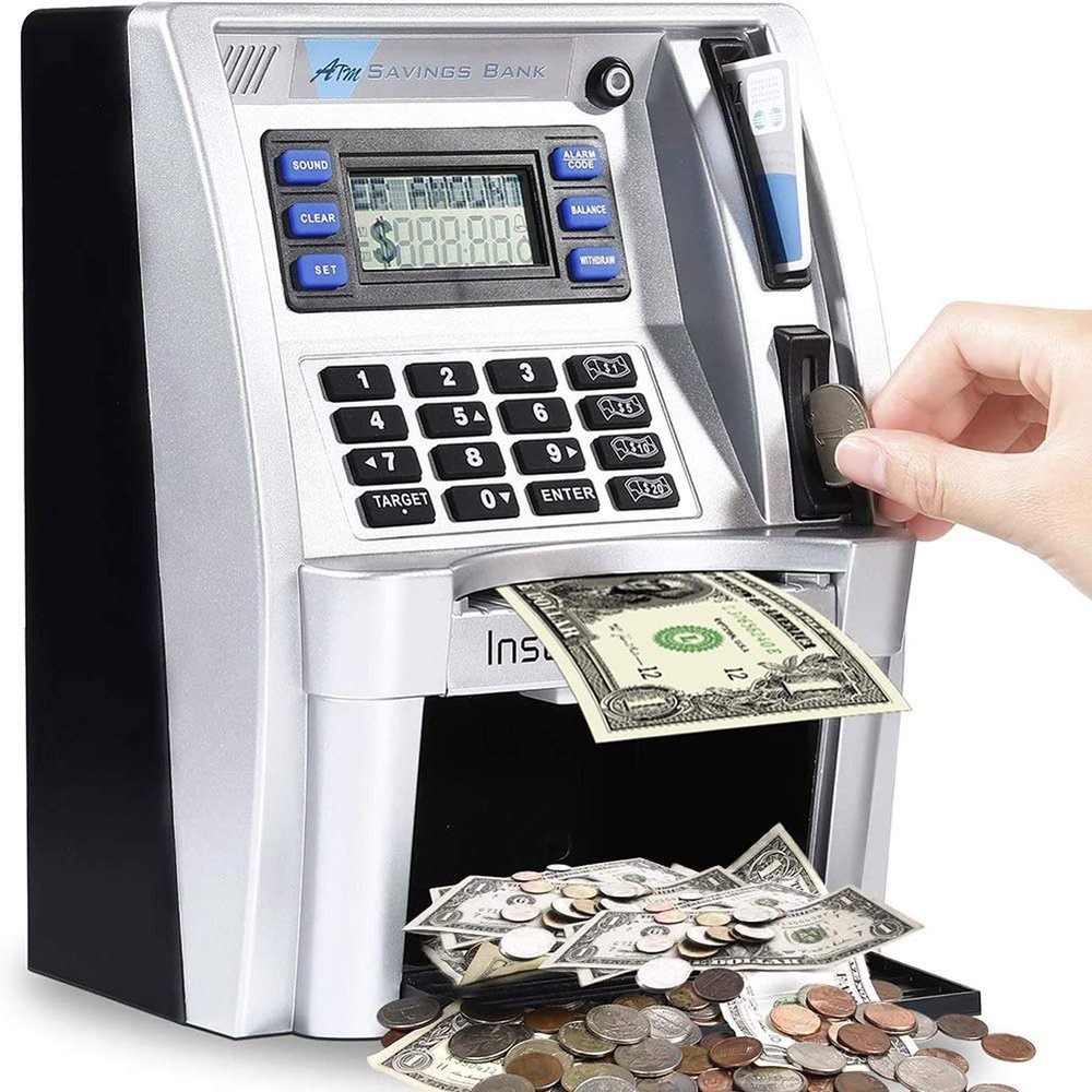2024 Upgraded ATM Piggy Bank for Real Money ATM Savings Bank Machine for Kids Adults with Card Mini ATM Money Machine Coin Bill Feeder Educational Toy Christmas Birthday Gift(Silver/Black)