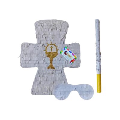 APINATA4U White Cross Pinata with Gold Chalice Accents (17.5x13.5x3.5 Inch) - Perfect for Baptism or First Communion Celebrations - Complete Kit with Stick and Mask Included!