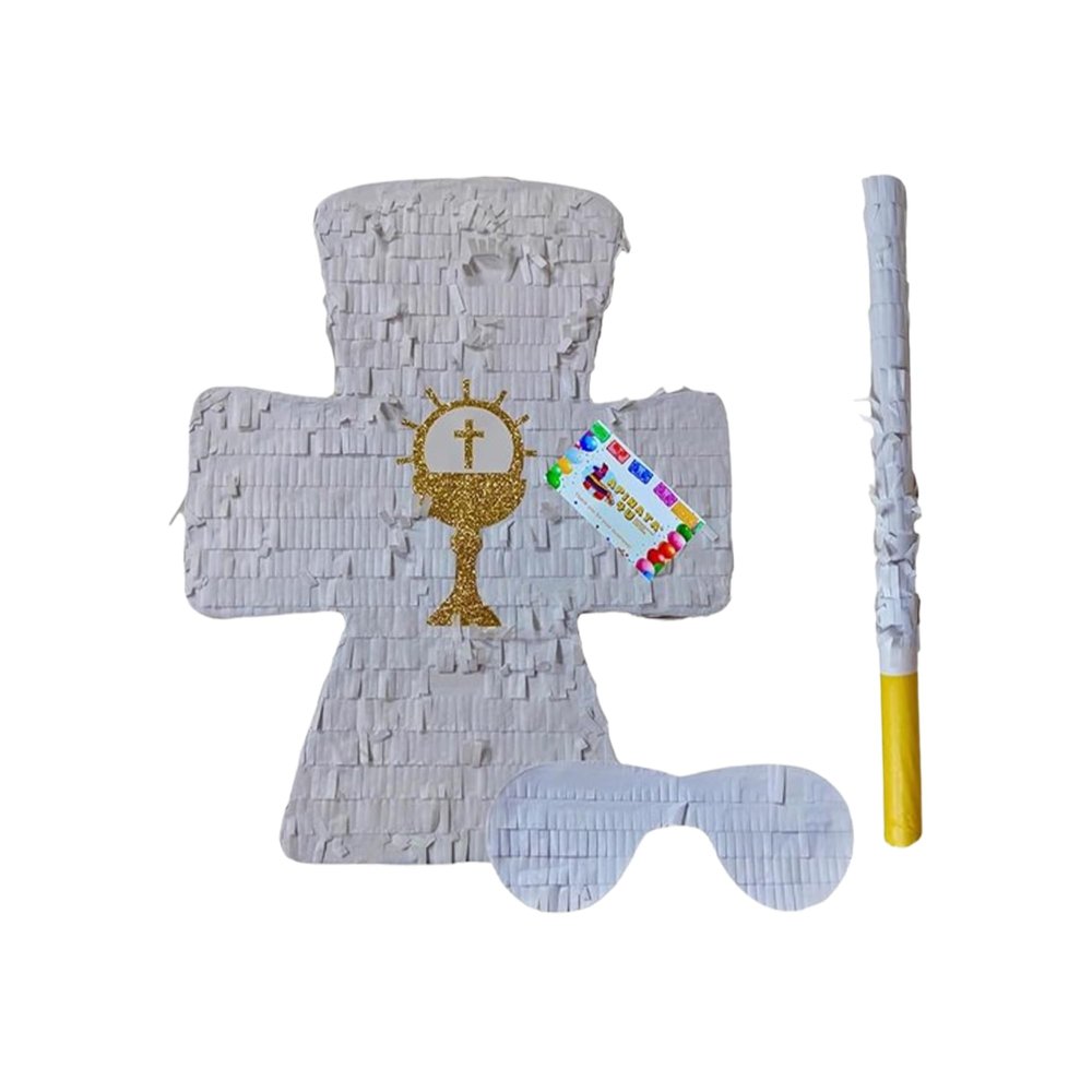 APINATA4U White Cross Pinata with Gold Chalice Accents (17.5x13.5x3.5 Inch) - Perfect for Baptism or First Communion Celebrations - Complete Kit with Stick and Mask Included!