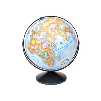 Replogle Eureka 16 inch desktop globe with up to date blue raised relief map and full swing gyromatic assembly. The beautiful blue ocean product has vast amounts of up-to-date information will pique the interest of any geographical connoisseur of all