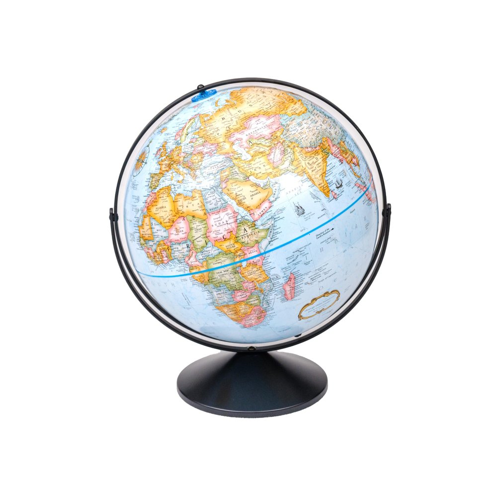 Replogle Eureka 16 inch desktop globe with up to date blue raised relief map and full swing gyromatic assembly. The beautiful blue ocean product has vast amounts of up-to-date information will pique the interest of any geographical connoisseur of all