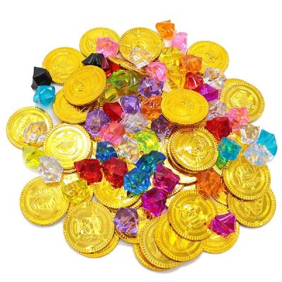 100pcs Plastic Pirate Gold Coins Colored Gems Pirate Treasure Hunt Playset Toys for Kids Party Theme Props Decoration Party Favor Plastic Gold Coins Gems for Games Resources / Point Tokens, Goodie Bag