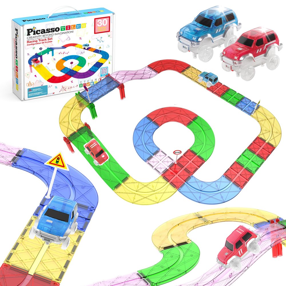 PicassoTiles Magnetic Tiles Race Track Car Thrilling Toy Playset Includes 2 Racing Trucks STEM Educational Magnet Tile Building Block Construction Set for Toddlers Boys Girls Ages 3 and Older PTR30