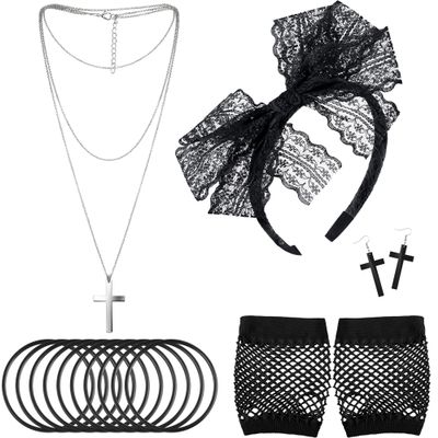 80s Costume Accessories Lace Headband Earrings Fishnet Gloves Necklace Bracelet, Black, 5 Pieces