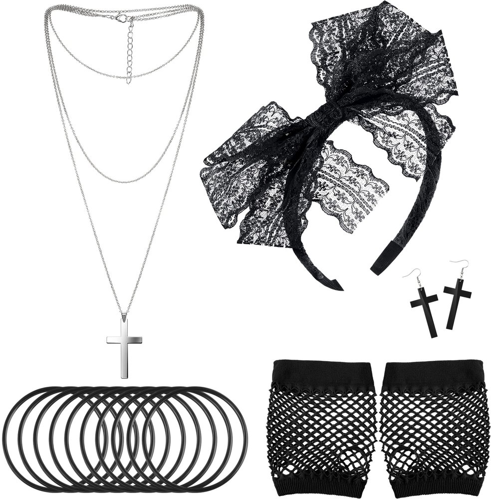 80s Costume Accessories Lace Headband Earrings Fishnet Gloves Necklace Bracelet, Black, 5 Pieces