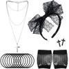 80s Costume Accessories Lace Headband Earrings Fishnet Gloves Necklace Bracelet, Black, 5 Pieces view 1