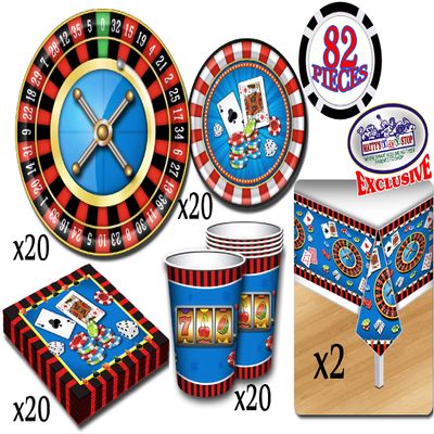 Deluxe Casino Night Theme Party Supplies Set for 20 People, Includes 20 Large Plates, 20 Small Plates, 20 Napkins, 20 Cups & 2 Table Covers - Perfect for Casino Night or Birthday (82 Pieces Total)