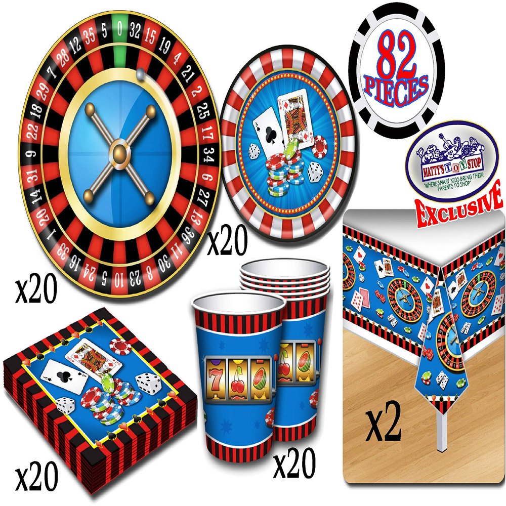 Deluxe Casino Night Theme Party Supplies Set for 20 People, Includes 20 Large Plates, 20 Small Plates, 20 Napkins, 20 Cups & 2 Table Covers - Perfect for Casino Night or Birthday (82 Pieces Total)