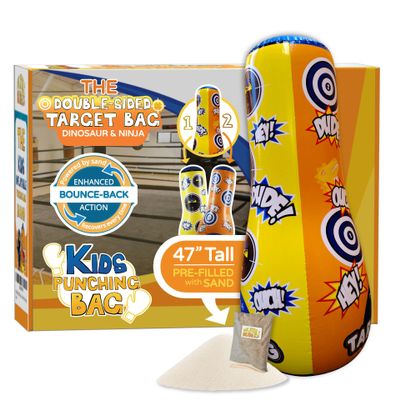INFLATABLE DUDES Target Bag - Double-Sided - Ninja Dinosaur 47 Inches - Kids Punching Bag | Already Filled with Sand| Bop Bag | Inflatable Bopper | Boxing | Punching Bag for Kids- (Rex and Nobi)
