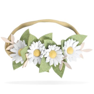 California Tot Felt Floral Daisy Crown  Soft & Stretchy Nylon Headband for Infants, Babies, Toddlers, and Girls  Wildflower Green Leaves & White Daisy Headpiece