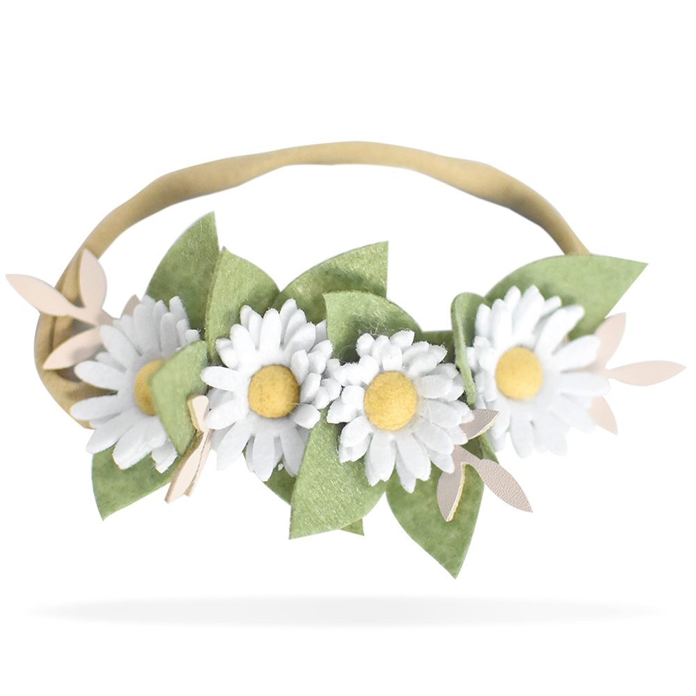 California Tot Felt Floral Daisy Crown  Soft & Stretchy Nylon Headband for Infants, Babies, Toddlers, and Girls  Wildflower Green Leaves & White Daisy Headpiece