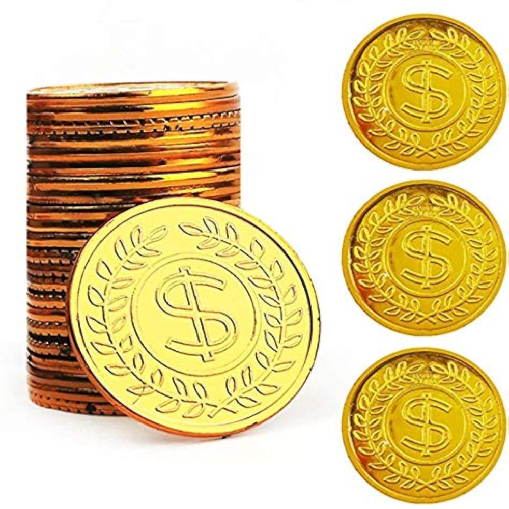 TCOTBE Pirate Gold Coins Plastic Set of 100,Play Gold Treasure Coins for Play Favor Party Supplies, Pirate Party, Treasure Hunt Game and Party Favors