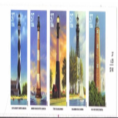 2003 37 Cent Southeastern Lighthouses Strip of Five Stamps Scott 3791a