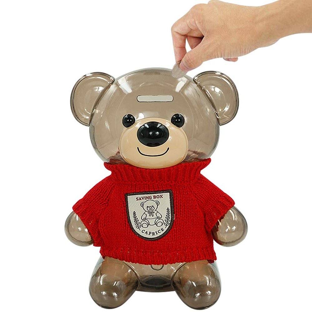 DreamsEden Cute Bear Piggy Bank, Large Plastic Money Coin Box Saving Pot with Knit Clothes Decoration