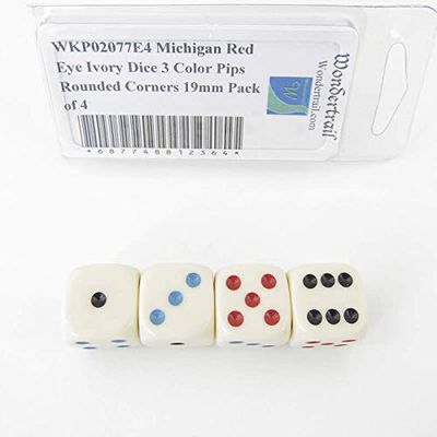 Michigan Red Eye Ivory Dice with 3 Color Pips Rounded Corners 19mm (3/4in) Pack of 4 Wondertrail