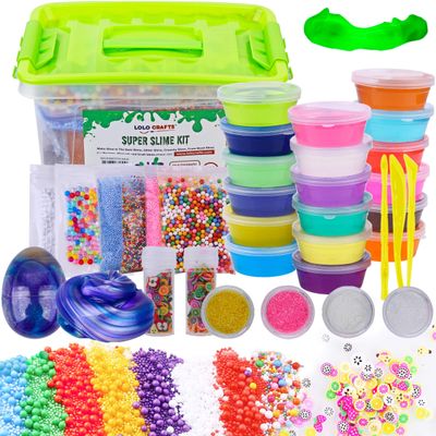 DIY Slime Kit Supplies Kids  Ready Slimes Making Kits Craft for Girls Boys Children Set Includes Big Box, Glow Powder, Slim, Clear Slime, Glitter, Egg Putty Fruit Slices, Fishbowl Foam Beads