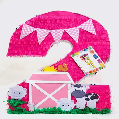 20" Tall Number Two Pinata Barnyard Theme Hot Pink Color Second Birthday Farm Party Supplies Decorations House Farm Animals Cow Lam Rooster